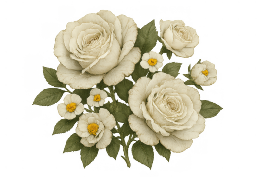 Vintage white roses and small flowers bouquet arrangement, watercolor botanical illustration, garden floral design element with transparent background