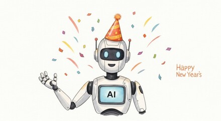 Cheerful robot character wearing a party hat, celebrating New Years with colorful confetti and festive decorations, embodying joy and innovation in a playful illustration