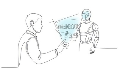 Human interacting with a futuristic robot, displaying a digital timer interface, showcasing advanced technology and human-robot collaboration in a modern setting