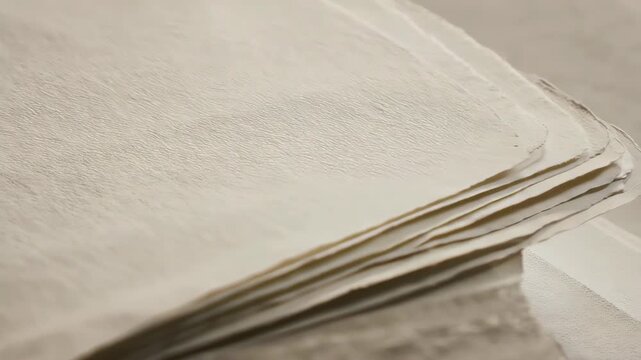 A stack of textured, off-white paper sheets with soft lighting and shadow