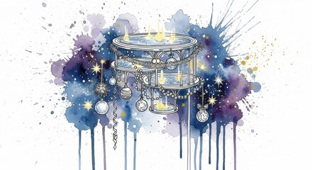 Watercolor illustration of a decorative chandelier adorned with ornaments and sparkling lights, set against a vibrant cosmic background with splashes of color and star-like elements