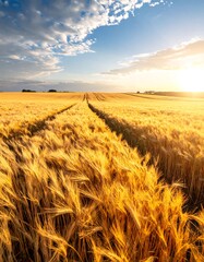 Obraz premium Golden field of wheat glows under a bright sun, a path leads to the horizon under a cloudy blue sky