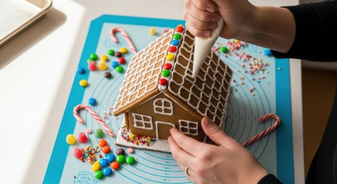 Gingerbread house being decorated with colorful icing and candy by a pair of hands, showcasing a festive baking activity with vibrant holiday elements
