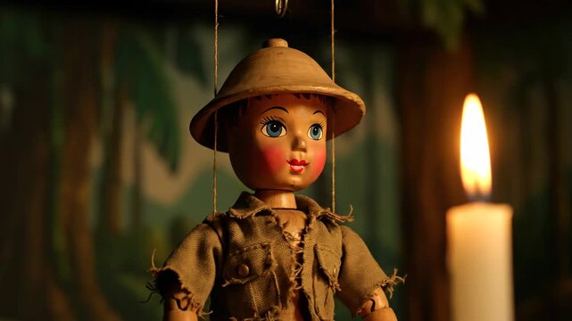 Vintage puppet doll with candlelight and brown hat against dark background