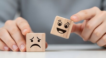 A persons hands holding wooden blocks with sad and happy face emojis, representing emotions and mood changes
