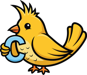 Adorable yellow bird mascot character holding capital letter C isolated vector illustration.