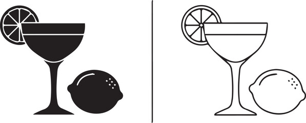 Classic cocktail glass icon and silhouette with lemon garnish on white background