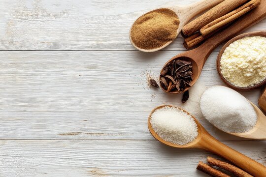 Baking Ingredients Showcase Top View with Wooden Spoon and Cinnamon