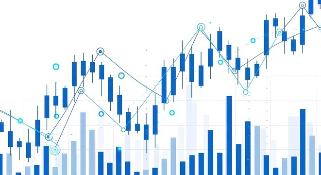 A financial stock market graph with candlestick charts and bar charts, illustrating market trends and investment performance - Powered by Adobe