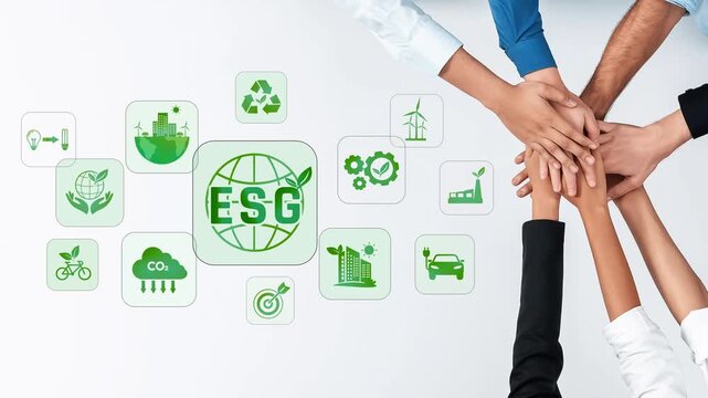 A dynamic display of teamwork emphasizing ESG principles, with hands joining together amidst a backdrop of sustainability icons representing critical environmental themes. Raster