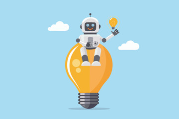 Cute robot sitting on a glowing light bulb holding another light bulb with a bright idea © Apurba