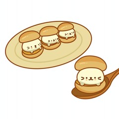 Kawaii cat cream bun dessert illustration on plate and spoon