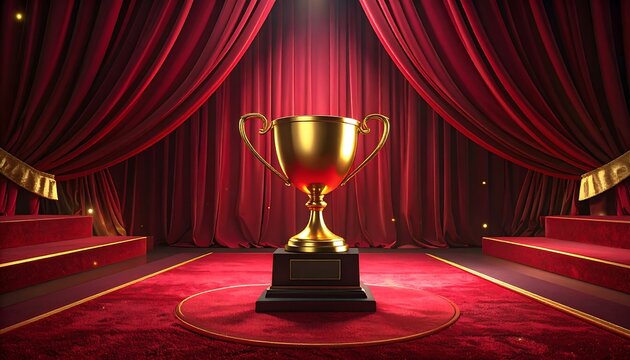 Gold trophy on a red carpet stage with red curtains and spotlights - Powered by Adobe