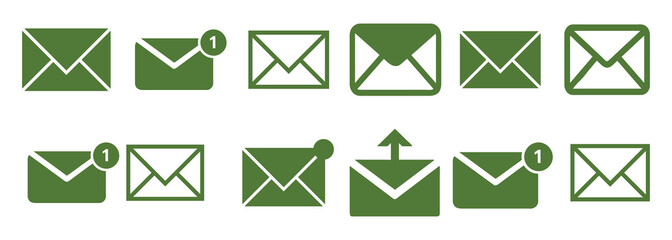 Collection of Green Envelope Icons with Notification Badges and Send Symbol
