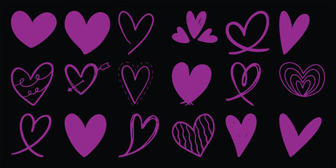 Collection of Purple Hand-Drawn Heart Icons on a Black Background