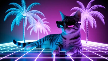 Cool cat in sunglasses with neon palm trees, retro futuristic vaporwave style