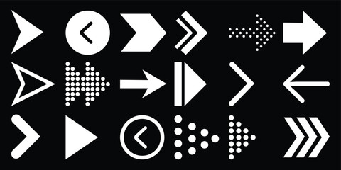 Collection of White Arrows and Navigation Icons on Black Background