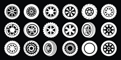 Collection of white car wheel and tire icons on black background