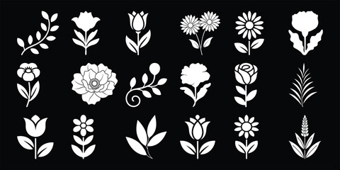Collection of White Floral Silhouettes on a Black Background