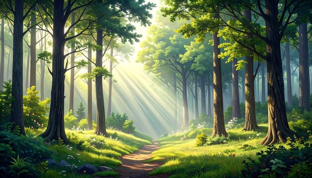 Lush forest scene. Sunlight streams through tall trees onto a winding path, illuminating the vibrant green foliage and creating a serene atmosphere - Powered by Adobe