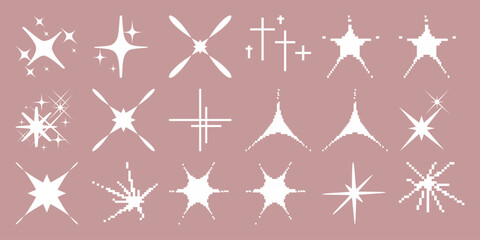 Collection of White Sparkle and Starburst Icons on a Dusty Rose Background