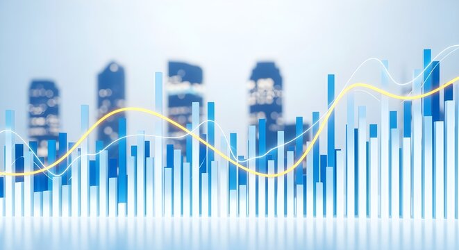Abstract representation of financial data with blue bar charts and a yellow line graph overlaid on a blurred cityscape background