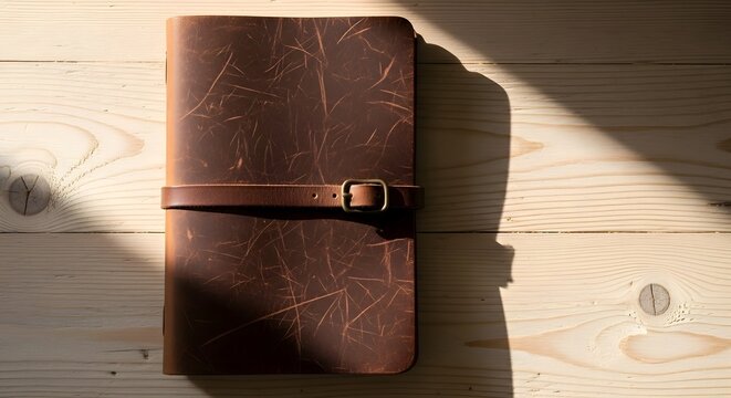 A personal writer's journal crafted from genuine distressed brown leather, closed with a strap and buckle, resting on a sunlit wooden surface - Powered by Adobe