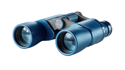 Sleek blue binoculars with grey accents against a stark black backdrop