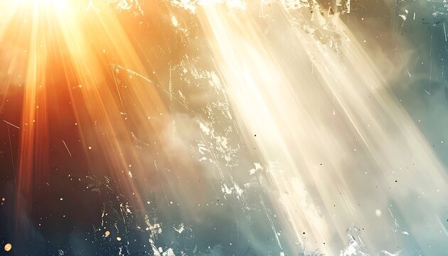 An abstract image featuring radiant light rays bursting through a hazy, mottled environment. Warm, golden tones blend with cooler, muted blues