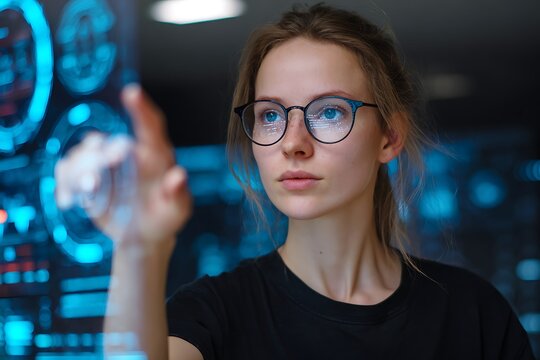 Woman interacting with immersive virtual reality interface