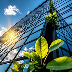 Modern Glass Building with Green Plants and Blue Sky Reflection.