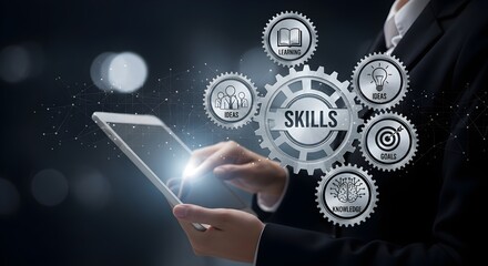 Closeup of a persons hands using a tablet with a digital skills interface, highlighting the interactive nature of learning and professional development through technology