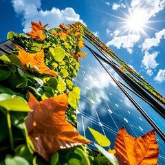 Solar Panel Building with Green Wall and Autumn Leaves.