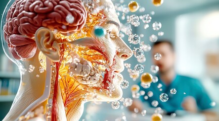 Human Anatomy Model with Bubbles and Scientist in Background.