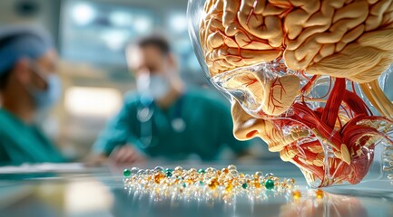 Human Brain Anatomy Model with Pills and Doctors in Background.