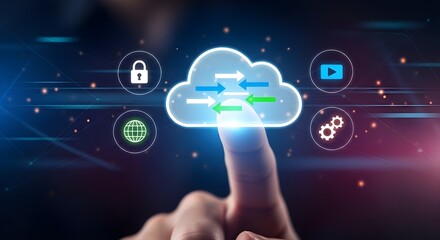 Closeup of a finger touching a cloud icon with arrows indicating data transfer, surrounded by other service icons