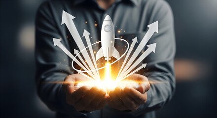 Hands holding a launching rocket with upward arrows, symbolizing startup, growth, success, and new beginnings