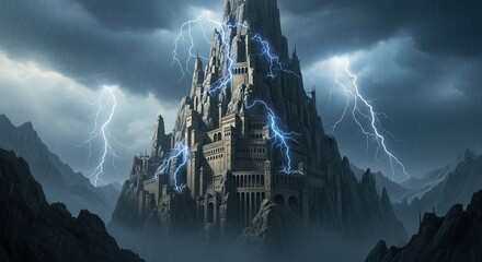 Dark fantasy fortress on a mountain during a dramatic thunderstorm.