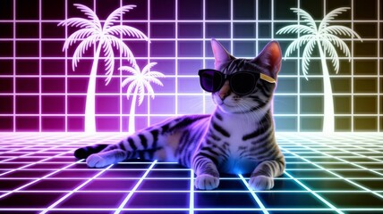 Cool cat in sunglasses with neon palm trees, retro futuristic vaporwave style