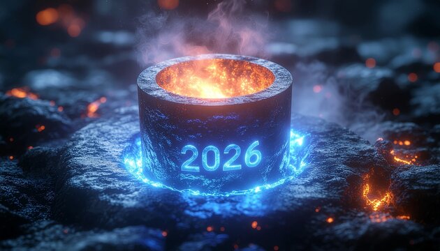 Futuristic 2026 concept art with a molten core and glowing blue light, symbolizing innovation and technological advancements in the coming year - Powered by Adobe