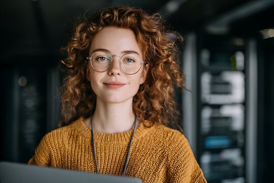 Woman it professional smiling standing in server room