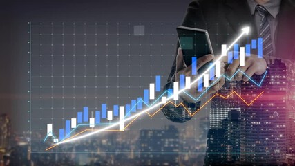 A businessman checks financial data on his smartphone, surrounded by a growing stock market graph at night over a bustling city skyline. Copula - Powered by Adobe