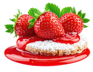 Strawberries, cake, powdered sugar, and red sauce