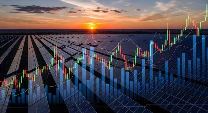Solar energy farm at sunset with superimposed stock market graph, representing financial growth and investment in renewable energy