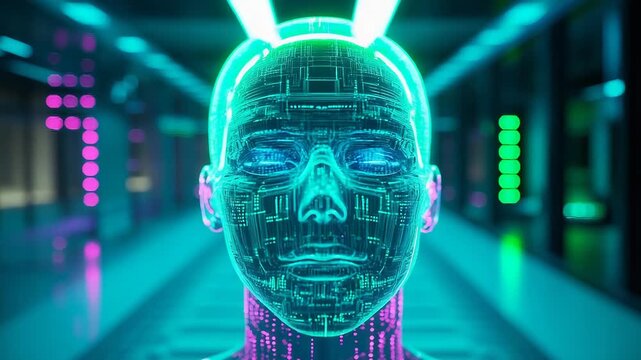 Artificial intelligence robot head featuring circuit patterns