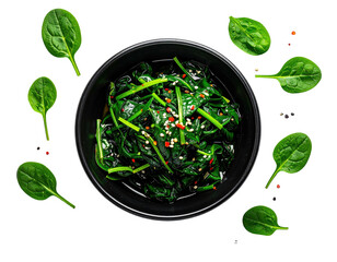 Bowl of cooked spinach surrounded by fresh leaves on black