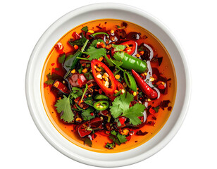 Spicy chili oil with sliced peppers and herbs in white bowl