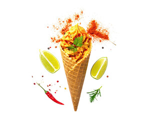 Savory ice cream cone, lime, chili, pepper on black backdrop