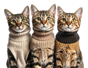 Three tabby cats wearing cozy, neck-high sweaters