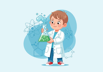 Boy in lab coat holding a flask with green liquid and bubbles, science background.